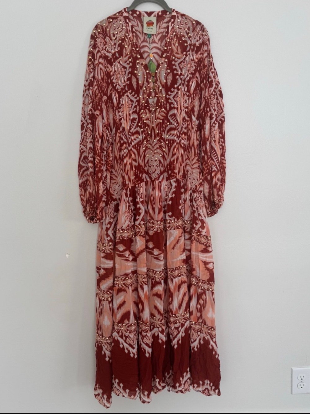 NWT Farm Rio Tropical Tapestry Red Metal Embroidered Tiered Maxi Dress - Picture 2 of 7